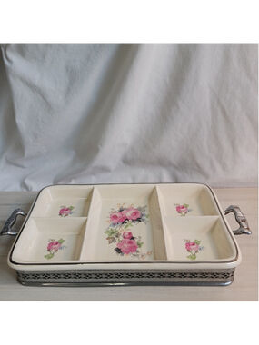 Vintage Ovenproof Divided Serving Tray Floral Pink Rose Silver Raised Trivet